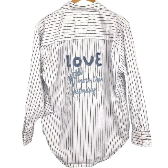 Anthropologie Maeve Button Down Shirt White Blue Striped I Love You Size Large L - Picture 1 of 10